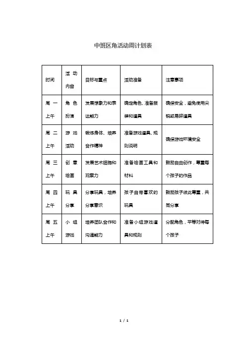 中班区角活动周计划表