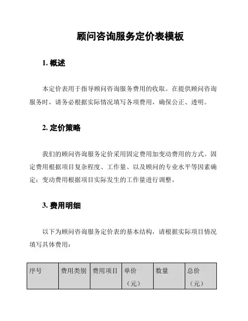 顾问咨询服务定价表模板