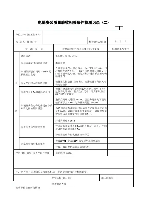 电梯安装质量验收相关条件检测记录表