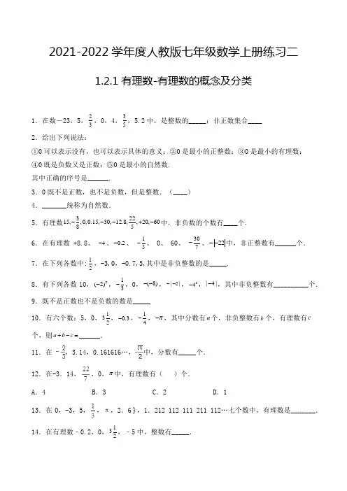 七年级数学上册1.2.1 有理数-有理数的概念及分类-填空题专项练习二(人教版,含解析)
