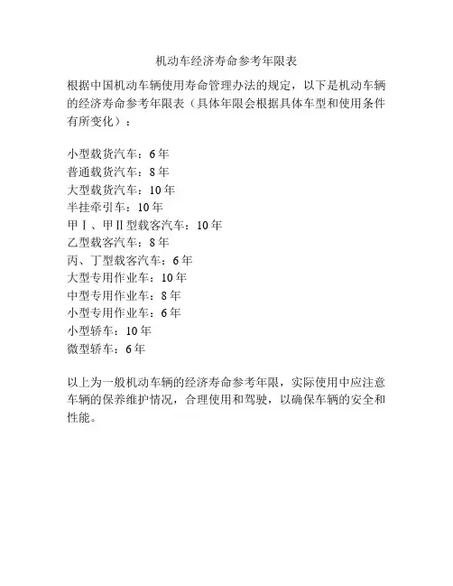 机动车经济寿命参考年限表