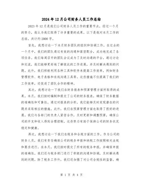 2024年12月公司财务人员工作总结（2篇）