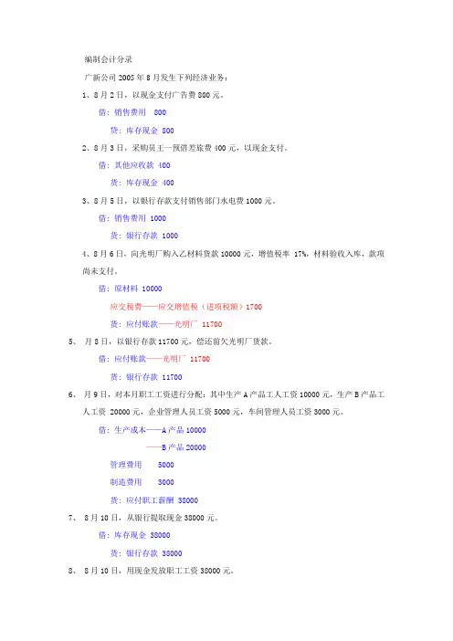 编制会计分录(参考答案)