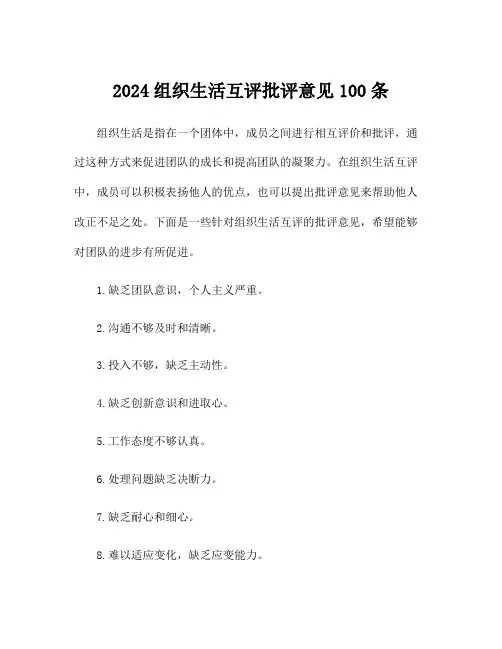 2024组织生活互评批评意见100条
