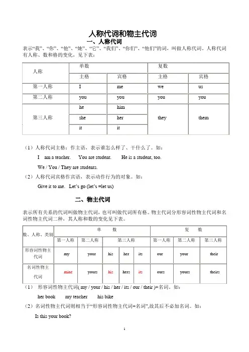 人教版初中英语人称代词和物主代词的表格及练习题