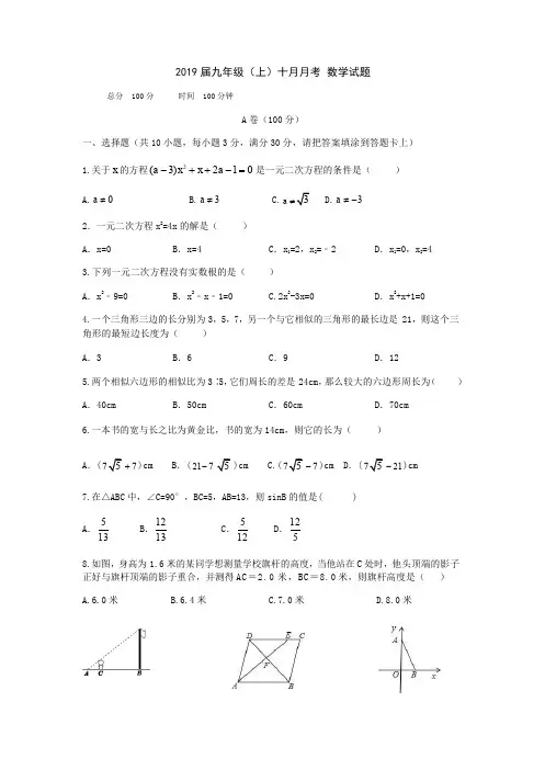 四川省攀枝花市第十七初级中学校2019届九年级10月月考数学试题含答案