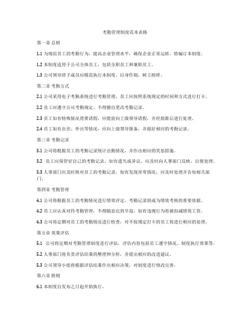 考勤管理制度范本表格