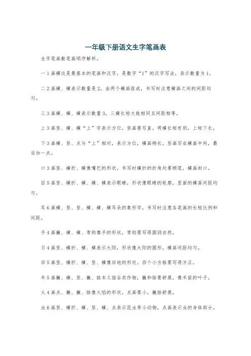 一年级下册语文生字笔画表