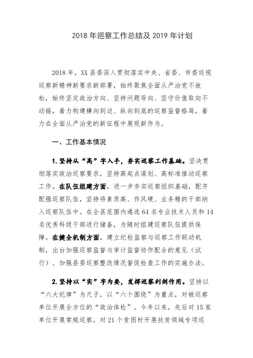 2018年巡察工作总结及2019年计划