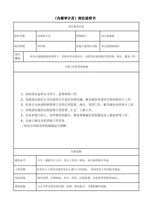 内部审计员岗位说明书