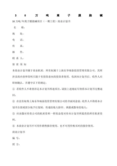 万吨年离子膜烧碱项目一期工程商业计划书