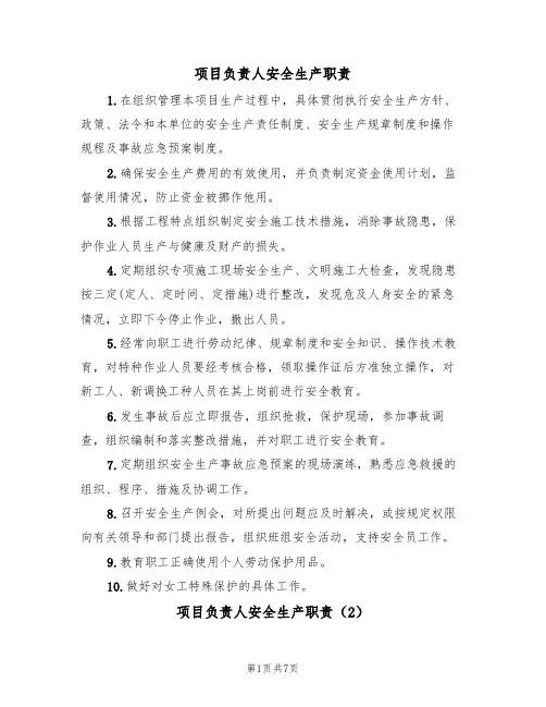 项目负责人安全生产职责（5篇）
