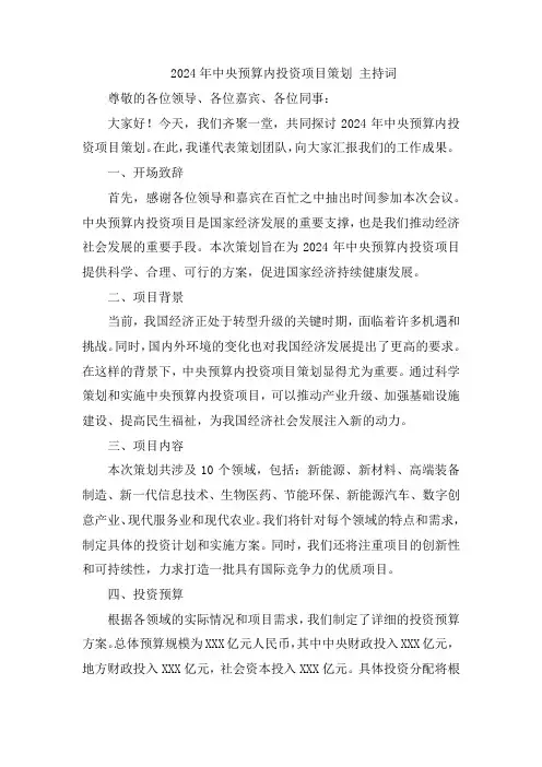 2024年中央预算内投资项目策划 主持词