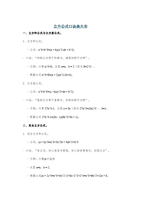 立方公式口诀表大全