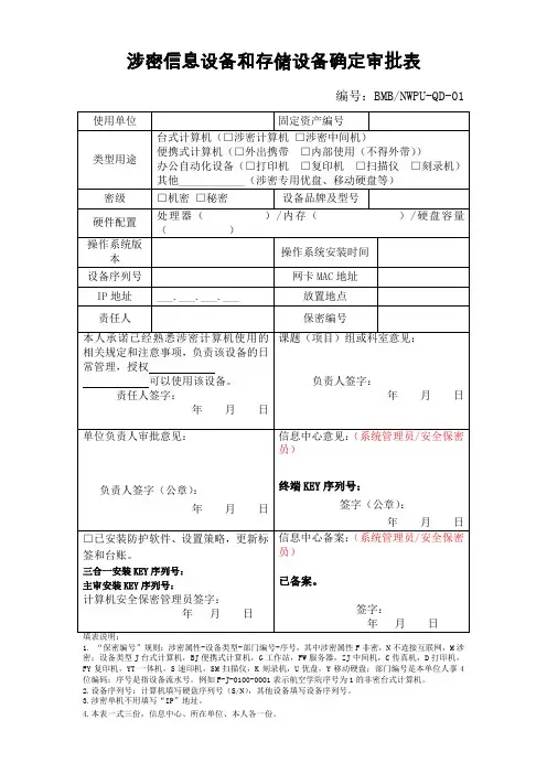 涉密信息设备和存储设备确定审批表