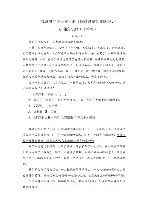 四年级上册语文试题-《阅读理解》期末复习专项练习题   部编版(含答案)