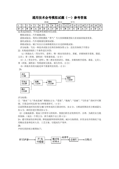 通用技术会考模拟试题(一)答案