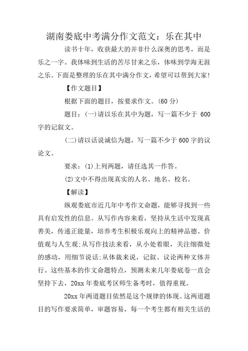湖南娄底中考满分作文范文：乐在其中
