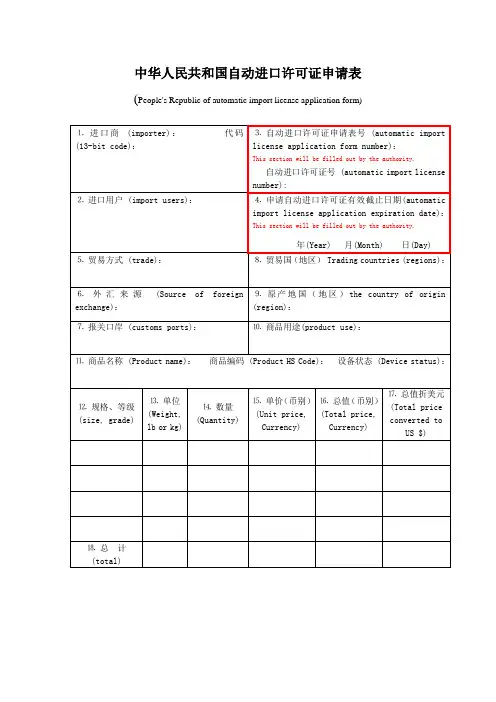 中华人民共和国自动进口许可证申请表