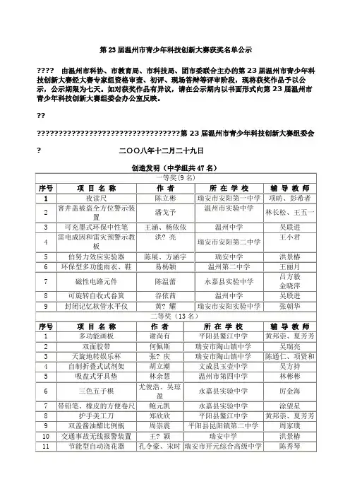第届温州市青少年科技创新大赛获奖名单公示