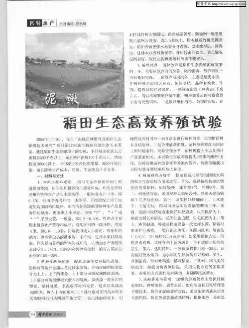 泥鳅稻田生态高效养殖试验