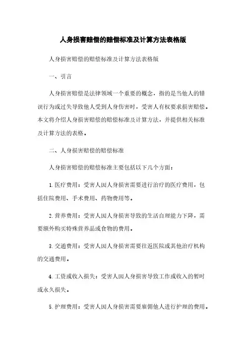 人身损害赔偿的赔偿标准及计算方法表格版
