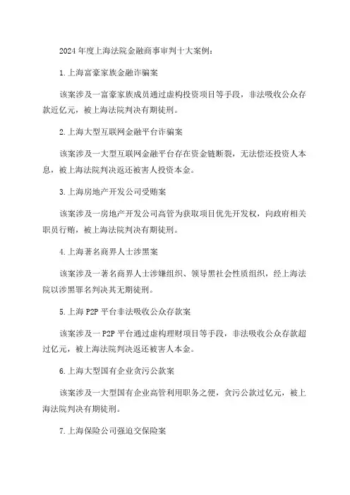 2024年度上海法院金融商事审判十大案例