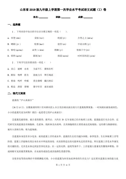 山东省2019版九年级上学期第一次学业水平考试语文试题(I)卷