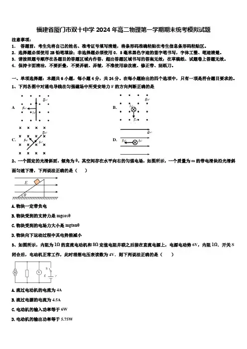福建省厦门市双十中学2024年高二物理第一学期期末统考模拟试题含解析
