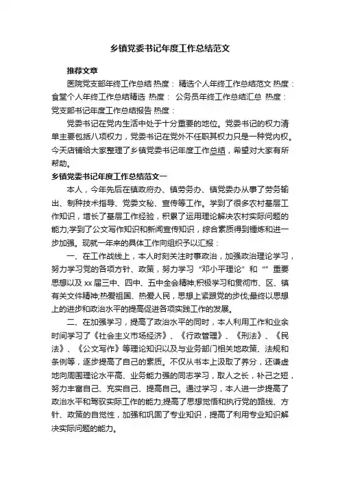 乡镇党委书记年度工作总结范文