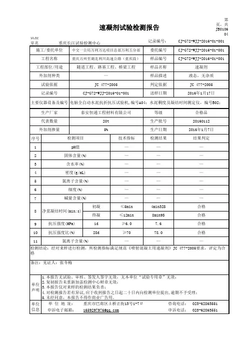 JB010604速凝剂试验检测报告