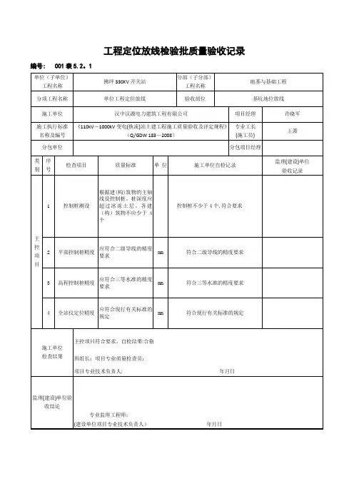单位工程定位放线检验批质量验收记录