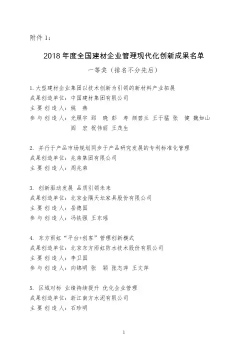 2018 年度全国建材企业管理现代化创新成果名单