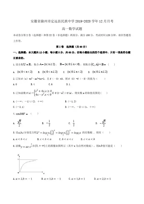 安徽省滁州市定远县民族中学2019-2020学年高一12月月考数学试题 Word版含答案