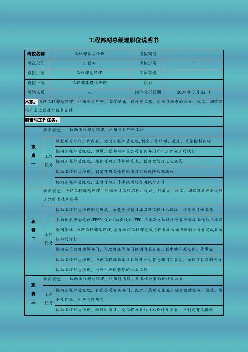工程部副总经理职位说明书