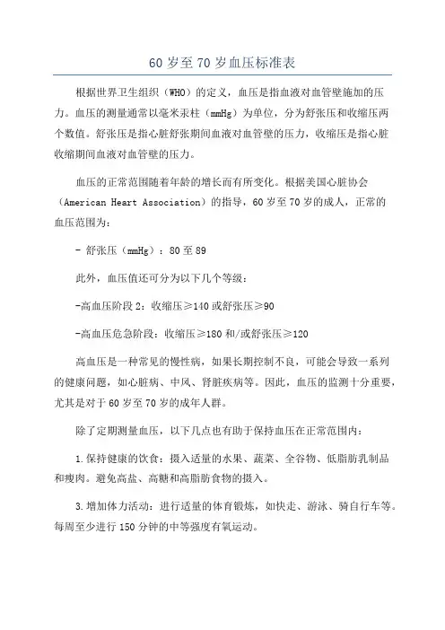 60岁至70岁血压标准表