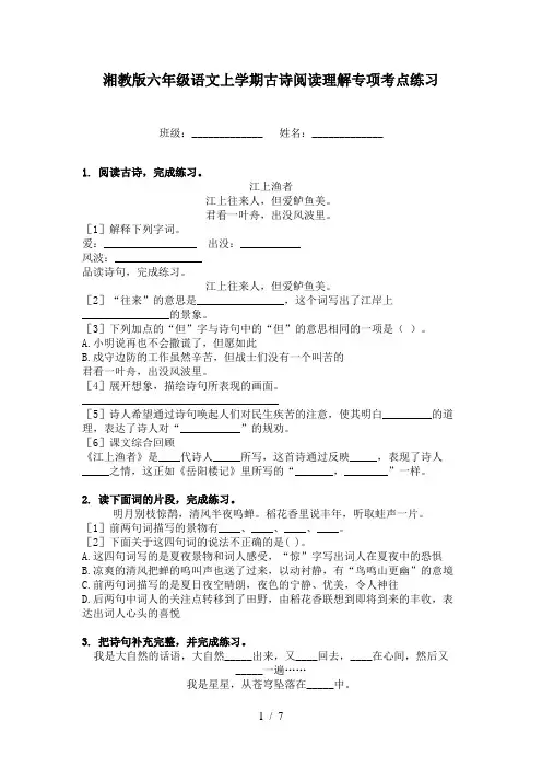 湘教版六年级语文上学期古诗阅读理解专项考点练习