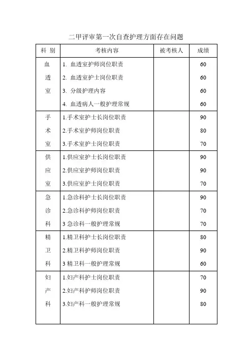 二甲评审第一次自查护理方面存在问题