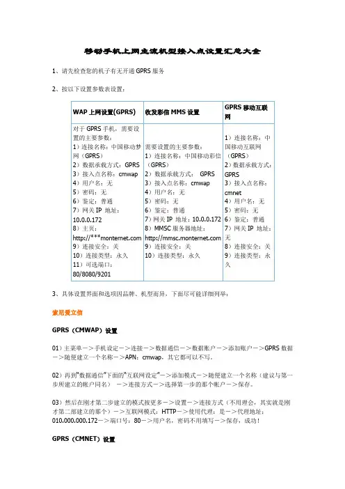 移动手机上网主流机型接入点设置汇总大全