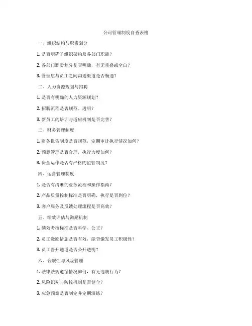公司管理制度自查表格