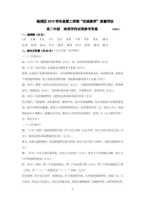 2020年杨浦地理二模答案及评分标准