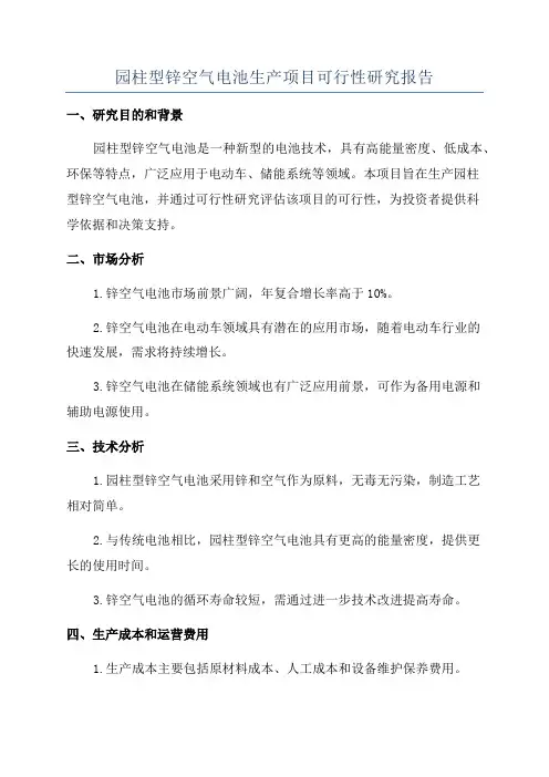 园柱型锌空气电池生产项目可行性研究报告