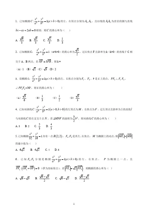 高二圆锥曲线与导数部分(含答案)