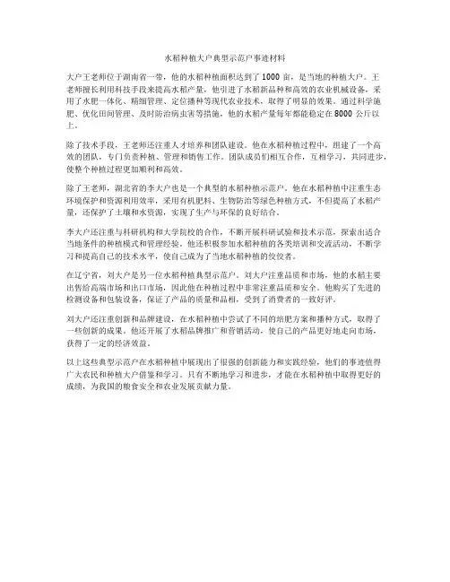 水稻种植大户典型示范户事迹材料