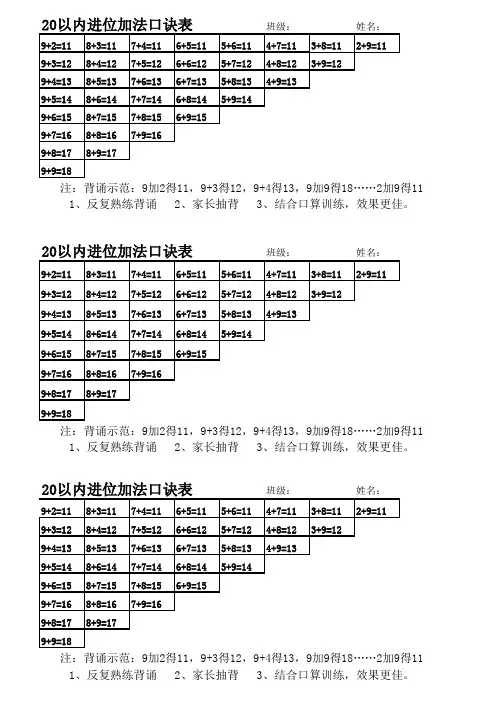 20以内进位加法口诀表直接打印版