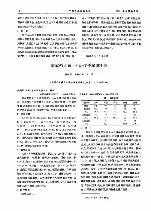 蒙成药大黄-3治疗便秘304例