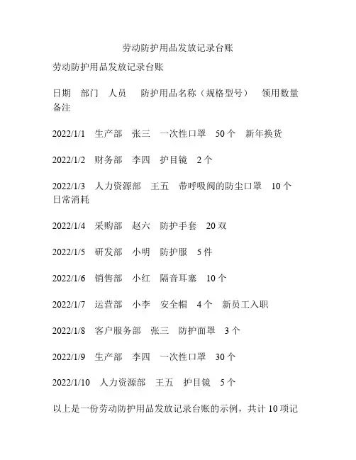 劳动防护用品发放记录台账
