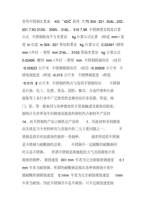 常用不锈钢比重表