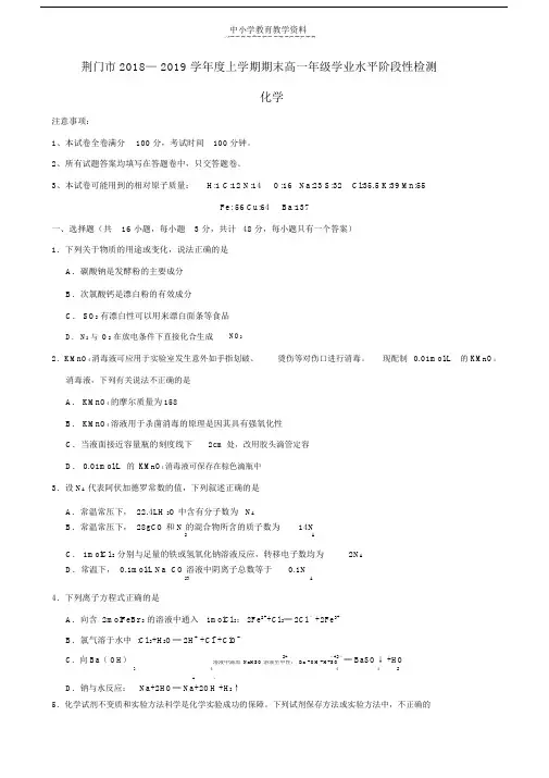 2018-2019学年高一化学上学期期末学业水平阶段性检测试卷.docx