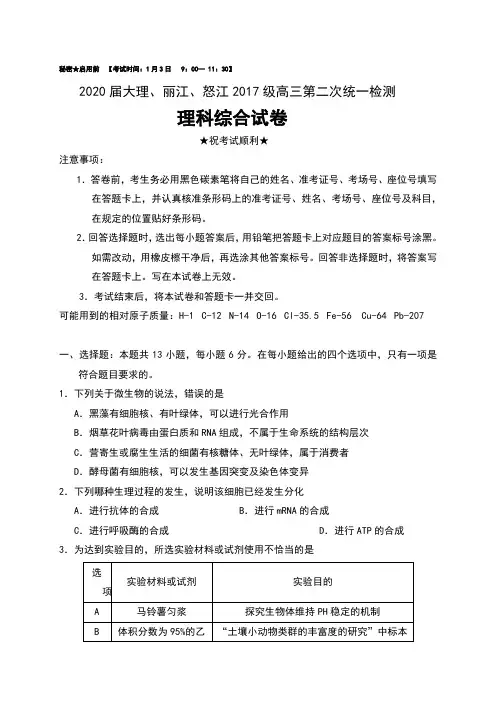 2020届云南省大理、丽江、怒江2017级高三第二次统一检测理科综合试卷及答案